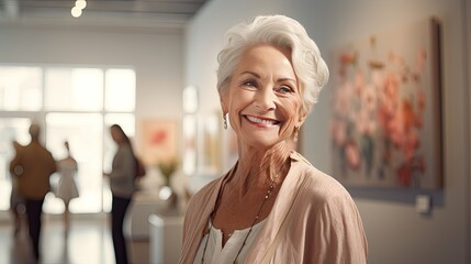 Beautiful aging model, looking over her shoulder with a subtle smile, set in an art gallery