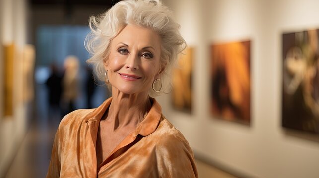 Beautiful aging model, looking over her shoulder with a subtle smile, set in an art gallery