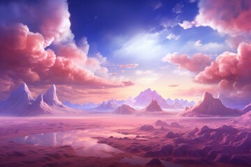 A stunning desert landscape with a vibrant pink and violet sky, adorned with beautiful clouds. This high-definition rendering showcases the environment in a panoramic view. Generative AI