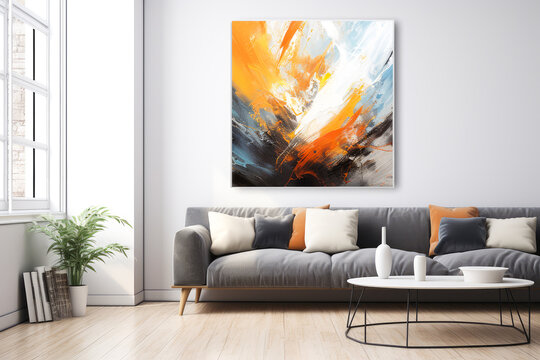 Stylish Scandinavian Living Room With Abstract Wallart And Furniture. Minimalist Interior Design. Mock Up Poster. Home Decor. Interior Design. Template. Ready To Use. Ai Generated

