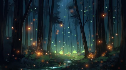 The forest at night often comes alive with the enchanting presence of glowing fireflies. These bioluminescent insects light up the darkness with their soft, flickering lights, creating a mesmerizing s