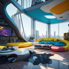 Futuristic Modern Living Room Interior Of Penthouse Loft, Large Windows, Stairs To Second Floor, Sofa and Armchairs, City View, Generative AI