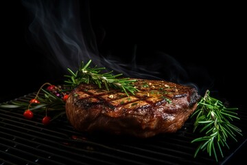 A grilled steak with rosemary, set against a black background, illuminated by a red grill light, accompanied by a green herb. Generative AI