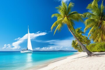 Tropical beach with palm trees, white sand, sailboat, and blue sky on an exotic island. Generative AI