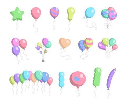 Balloons of different sizes and shapes. Bright and festive decorations. Vector drawing. Collection of design elements.