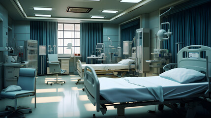 Empty beds in a hospital ward. Patient room background, insurance concept

