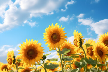 close up sunflowers in the field with blue sky. Beautiful landscape with sunflower field over cloudy blue sky and bright sun lights