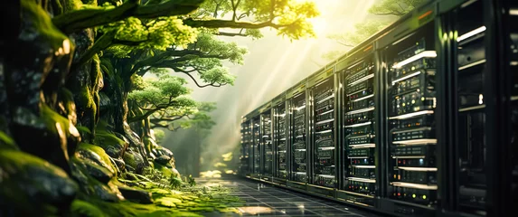 Foto op Plexiglas  cloud technology or data center storage system with green renewable energy.clean electric power.smart ecosystem background. innovation nature networks.science microbiology research © Limitless Visions
