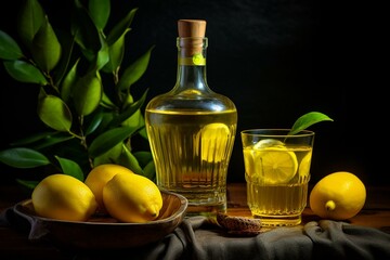 Limoncello liquor on dark background. Generative AI