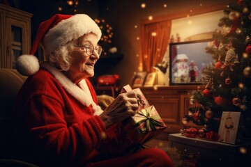 Happy elderly woman opens Christmas presents by the decorated tree under a warm inviting glow.
