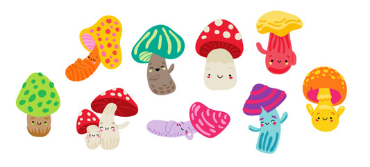 Cute mushrooms characters. Forest wild fungus in cartoon style. Vector drawing. Collection of design elements.