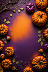 Elegant Halloween illustration. Autumn composition with orange pumpkins and leaves on purple background.