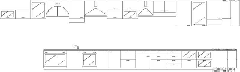 Vector sketch illustration of architectural design Kitchen set cabinet elevation diagram for kitchen interior