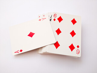 Stack of playing cards front and back view isolated on white background