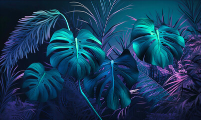 Tropical Leaves Design on Vibrant Purple Background.