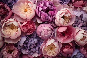 close-up of vibrant blooming peonies with petals on a floral backdrop. Generative AI
