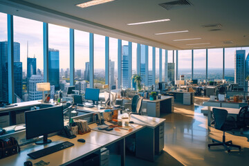 Fototapeta na wymiar Wide panorama view inside office in skyscraper, nobody