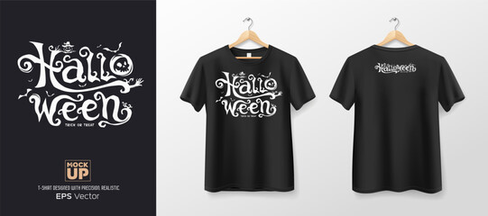 Black t shirt front and back mockup collections, halloween text design template design, EPS10 Vector illustration.
