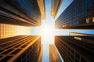 View from ground level up of corporate skyscrapers and sunshine above, sleek and modern downtown architecture