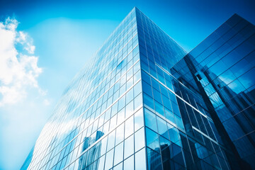 Fototapeta na wymiar Closeup of urban corporate skyscraper shot from side towards a blue sky, business inner city concept