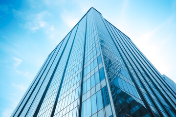 Fototapeta na wymiar Closeup of urban corporate skyscraper shot from side towards a blue sky, business inner city concept