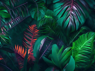 Tropical leaf forest glow in the dark background AI Generated