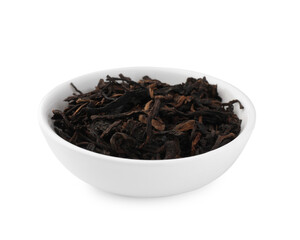 Bowl of traditional Chinese pu-erh tea leaves isolated on white