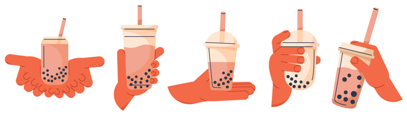 MILK TEA cup with hands sticker set beige background vector. BUBBLE TEA label. Vector illustration