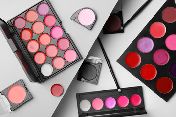 Flat lay composition with cream lipstick palettes on color background. Professional cosmetic product