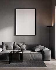 Big black poster frame mockup in loft living room interior, 3d rendering