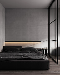 Dark black contemporary luxury modern bedroom with empty gray wall and a modern bed, 3d render