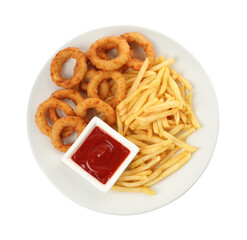 Tasty fried onion rings and french fries with ketchup on white background, top view