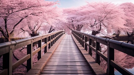 Gorgeous pink cherry blossoms in full bloom adorn the surroundings of a wooden bridge within a Japanese park. This picturesque scene captures the essence of spring in the Japanese countryside.
