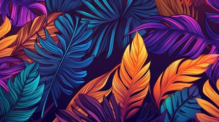 A vibrant tropical backdrop adorned with lush rainforest flora. A vector pattern featuring tropical palm fronds