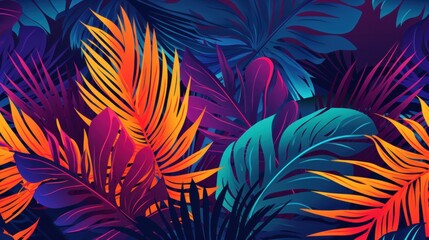 A vibrant tropical backdrop adorned with lush rainforest flora. A vector pattern featuring tropical palm fronds