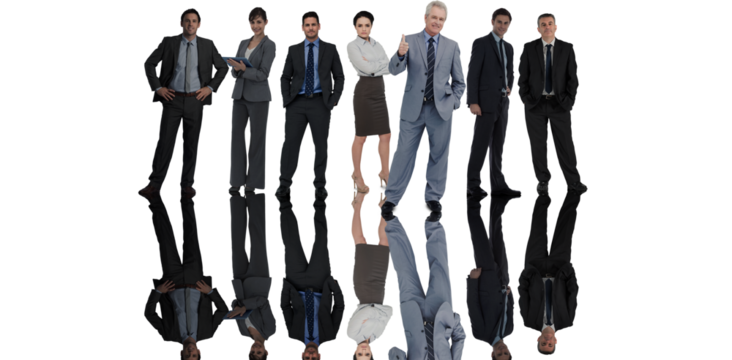 Digital png photo of diverse business people with reflection on transparent background
