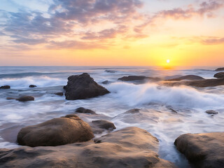 Obraz premium Waves and rocks on beach of sunset AI Generated