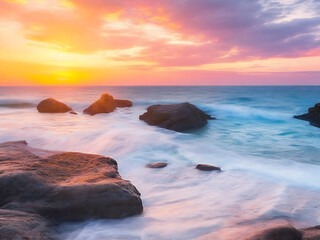 Fototapeta na wymiar Waves and rocks on beach of sunset AI Generated