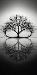 A black and white photo of a tree in a circle