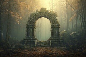 3D illustration of a luminous gateway amidst a misty woodland. Generative AI
