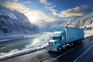 Impressive, blue truck carries frozen cargo in a refrigerated trailer on a wide highway through Columbia Gorge area. Generative AI - obrazy, fototapety, plakaty