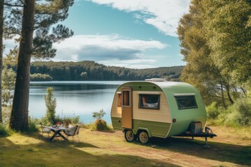 A camper trailer parked in a grassy area near lake