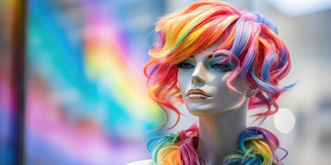 A close up of a mannequin with colorful hair