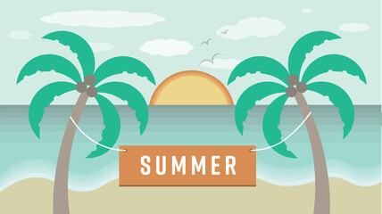 Digital png illustration of summer text with palm trees on beach on transparent background