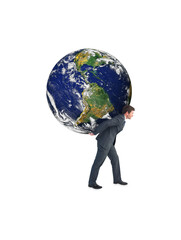 Digital png photo of caucasian businessman carrying globe on transparent background