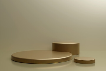 Golden cylinder podium. luxury pedestal mockup. 3D rendering.