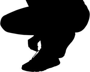 Digital png illustration of silhouette of man tying shoe on transparent background