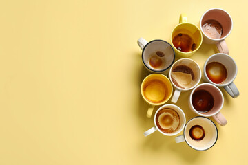 Many dirty cups after drinking coffee on yellow table, flat lay. Space for text