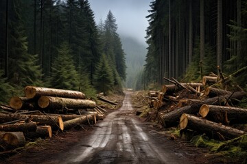 A dirt road surrounded by logs and trees - obrazy, fototapety, plakaty