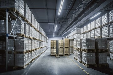 Chilled storage facility for boxes, filled with refrigeration equipment. Industrial freezer with pallets of boxes in cold warehouse interior. Generative AI